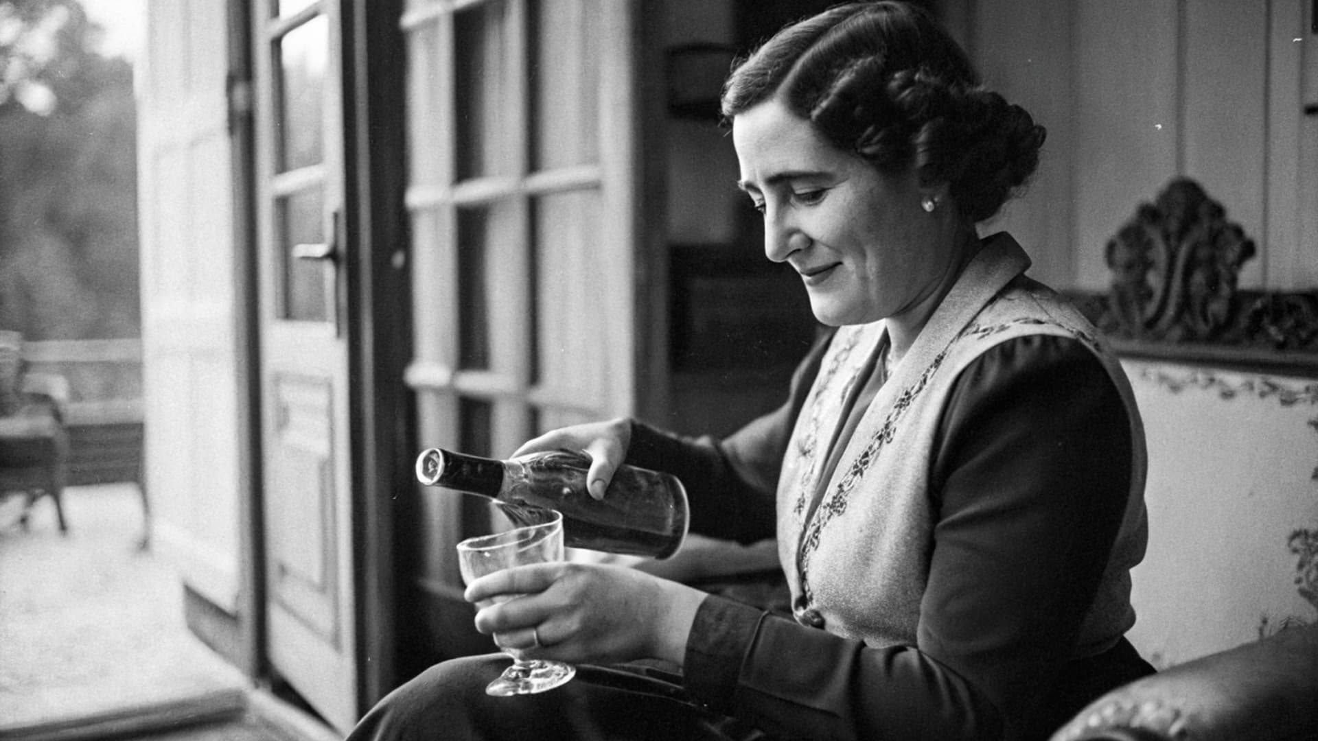 Historisches Schwarzweißfoto Frau mit Getränk